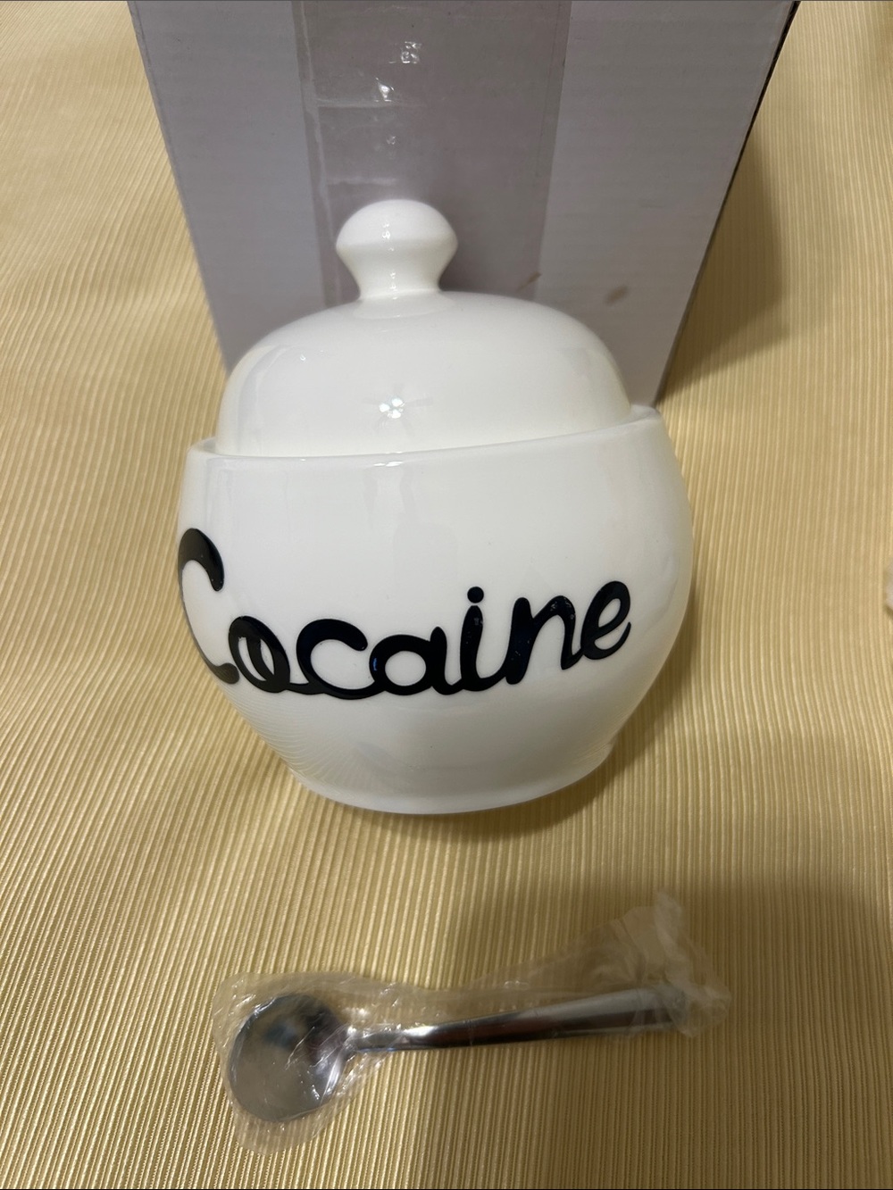 White Ceramic Sugar Jar with Lid – 'Cocaine' Script Design